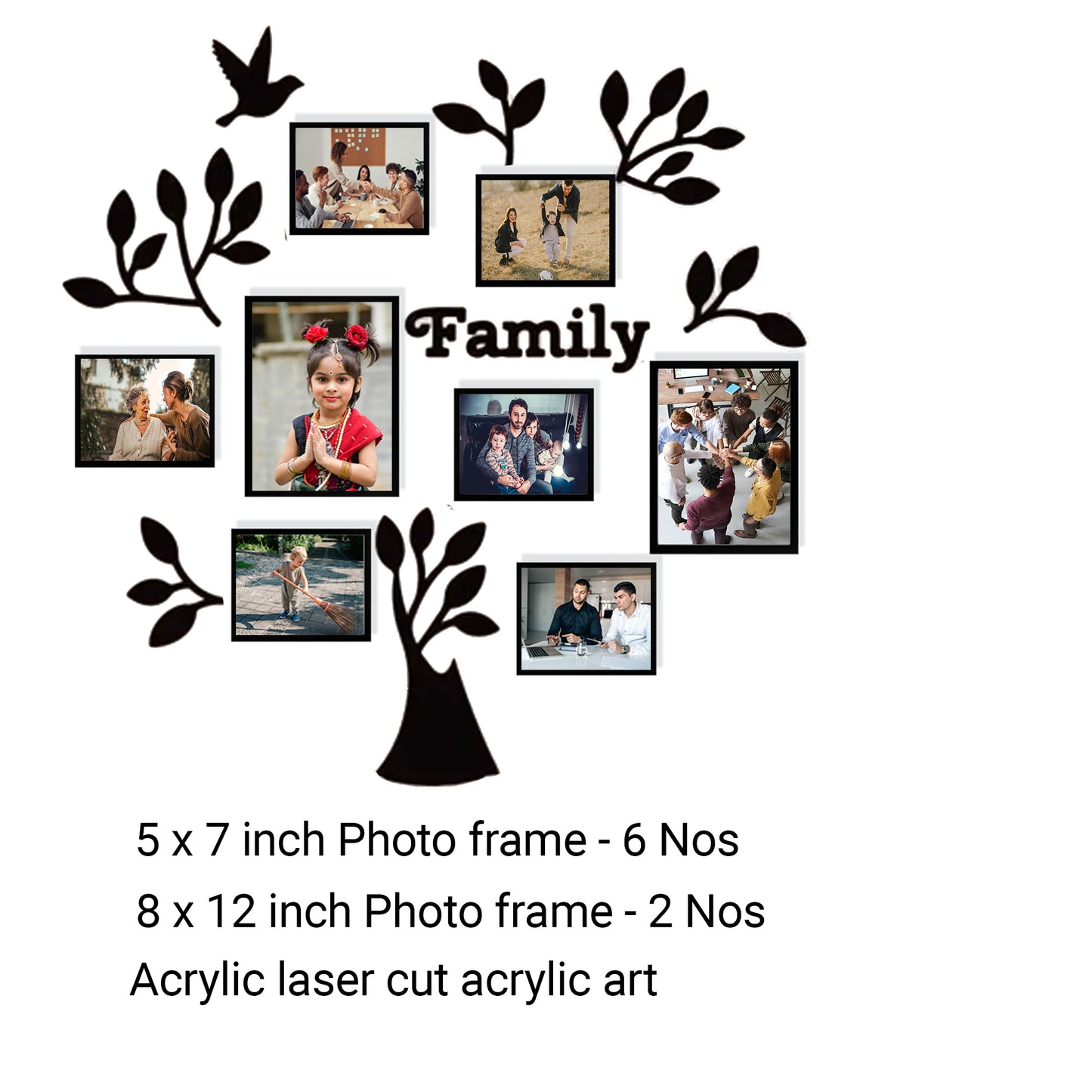 Family tree & Bird - 8 Photo frame set and acrylic art