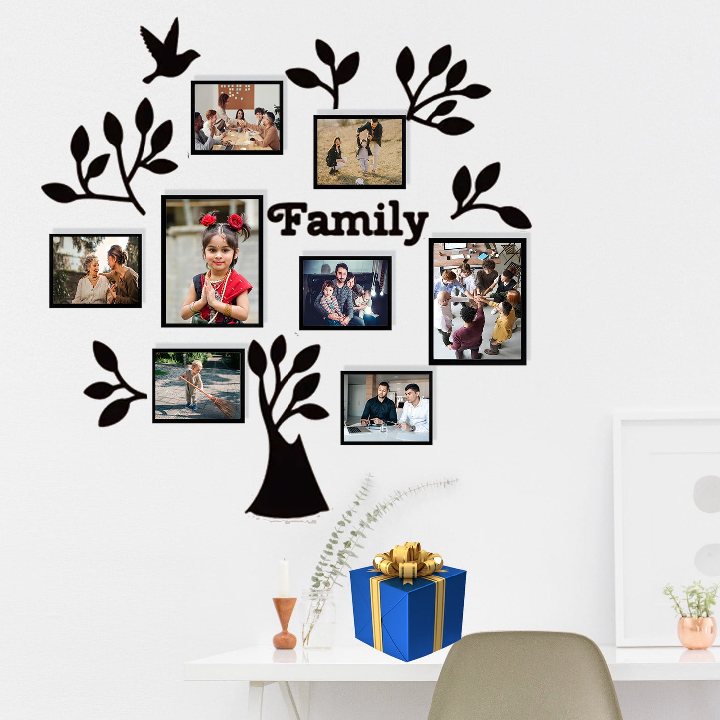 Family tree & Bird - 8 Photo frame set and acrylic art