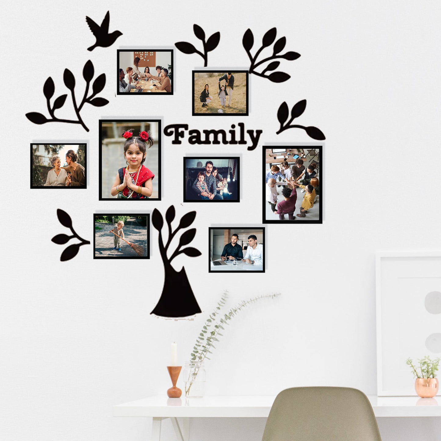 Family tree & Bird - 8 Photo frame set and acrylic art